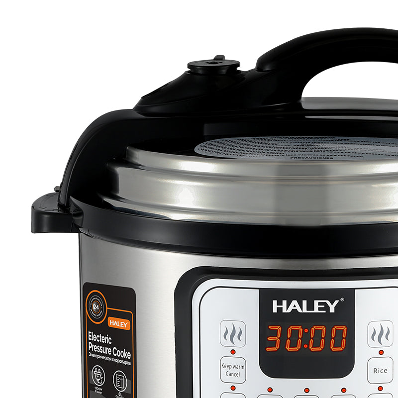 Oală Sub Presiune Electrică Multifuncțională HALEY 10 în 1, 1200W, 6L, Negru/Argintiu – Gătire Rapidă și Inteligentă